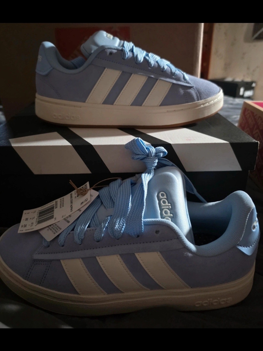 adidas Light Blue Suede Grand Court Alpha Low-Top Sneakers with White Stripes